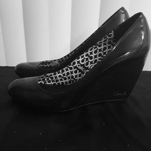 COACH: Black Patient Leather Wedge Heel Shoes